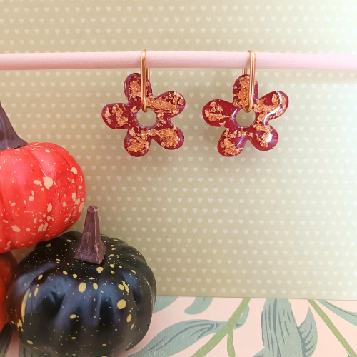 sister box boucles d'oreilles pampilles charm interchangeable fleur coeur citrouille automne resine fimo argile polymère noir orange bordeaux or vert d'eau leopard bleu sable beige etoile creoles bijoux blossom