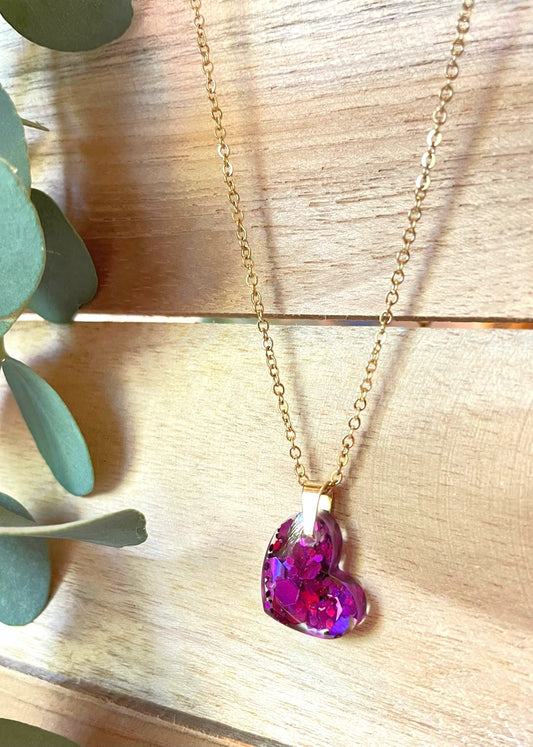 collier or acier inoxydable paillettes violet resine coeur