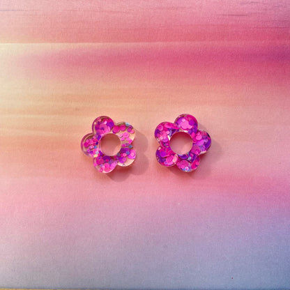 bijoux boucles d'oreilles créoles doré argenté or argent fleur résine paillettes tendance interchangeable bleu rose multicolore vert jaune noir blanc turquoise fuchsia pastel orange rouge 