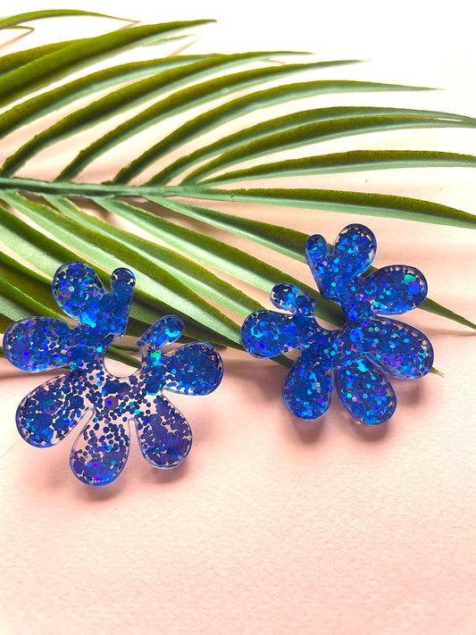 boucles d'oreilles fleur paillettes clou originale grosse resine acier inoxydable fait main créateur rose, bleu, turquoise, or,  argent, orange, rouge, violet, noir, blanc