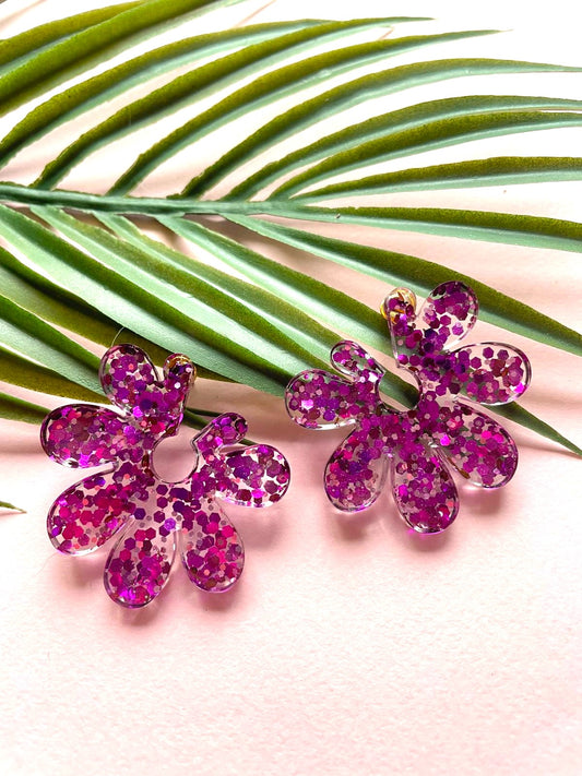 boucles d'oreilles fleur paillettes clou originale grosse resine acier inoxydable fait main créateur rose, bleu, turquoise, or,  argent, orange, rouge, violet, noir, blanc