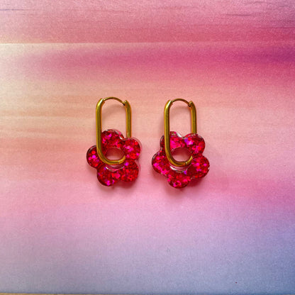 bijoux boucles d'oreilles créoles acier inoxydable ronde ovales rectangle doré argenté charm pampille fleur resine paillettes bleu brillant violet multicolore pastel vert jaune noir blanc nacré rose turquoise fuchsia orange sirène rouge néon BLOSSOM