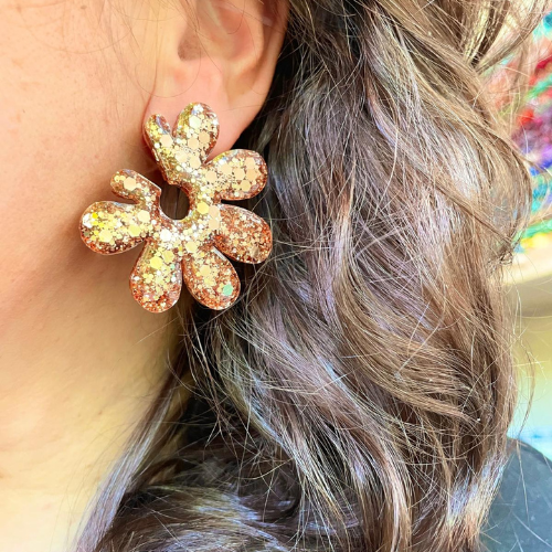 boucles d'oreilles grosse fleur paillettes champagne cuivré clou acier inoxydable blossom