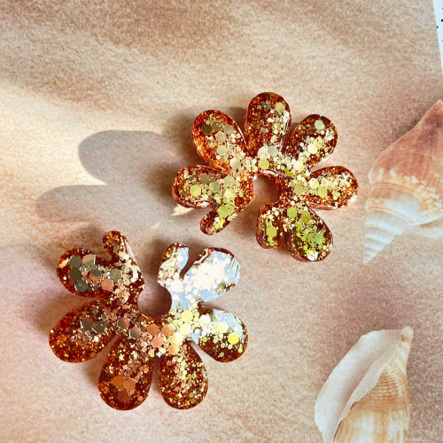 boucles d'oreilles grosse fleur paillettes champagne cuivré clou acier inoxydable blossom