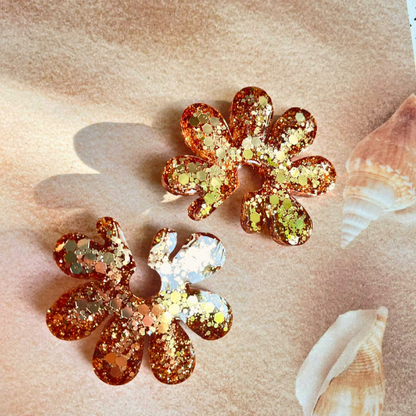 boucles d'oreilles grosse fleur paillettes champagne cuivré clou acier inoxydable blossom