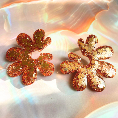 boucles d'oreilles grosse fleur paillettes champagne cuivré clou acier inoxydable blossom
