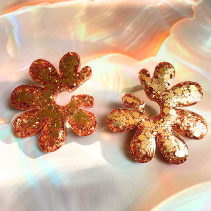 boucles d'oreilles grosse fleur paillettes champagne cuivré clou acier inoxydable blossom
