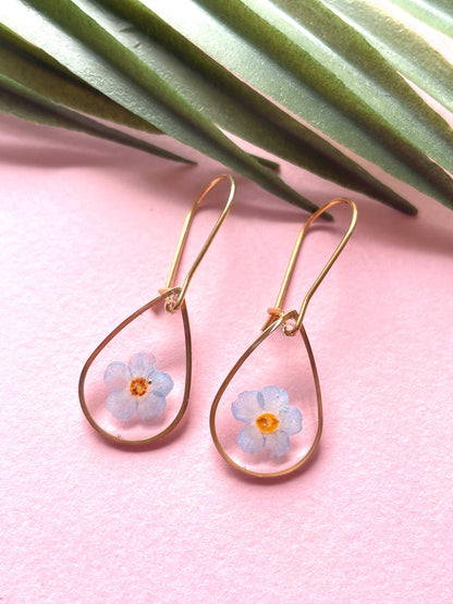boucles d'oreilles or  acier inoxydable dormeuses myosotis goutte fond transparent  fleur séchée créateur fait main bleu clair fushia