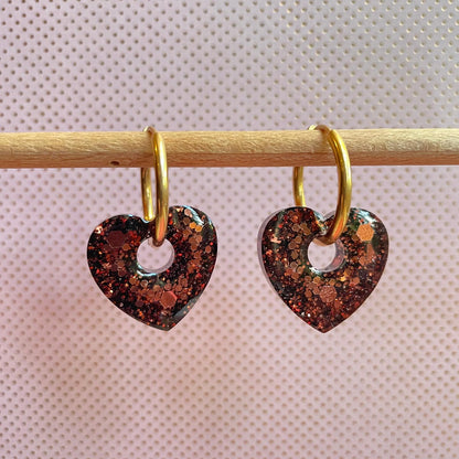 bijoux boucles doreilles creoles charm pampille paillettes resine blossom fait main creatrice francaise artisanal coeur marron