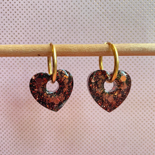 bijoux boucles doreilles creoles charm pampille paillettes resine blossom fait main creatrice francaise artisanal coeur marron