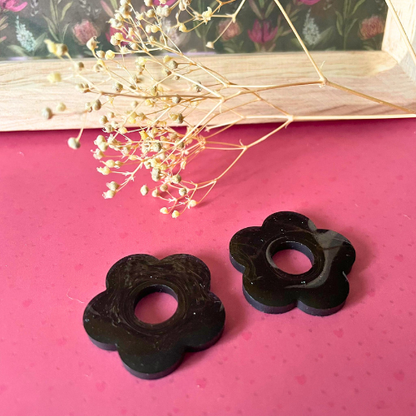 bijoux boucles d'oreilles créoles pampilles fleur noir kaki art deco doré or argile polymère fimo résine UV blossom sister box