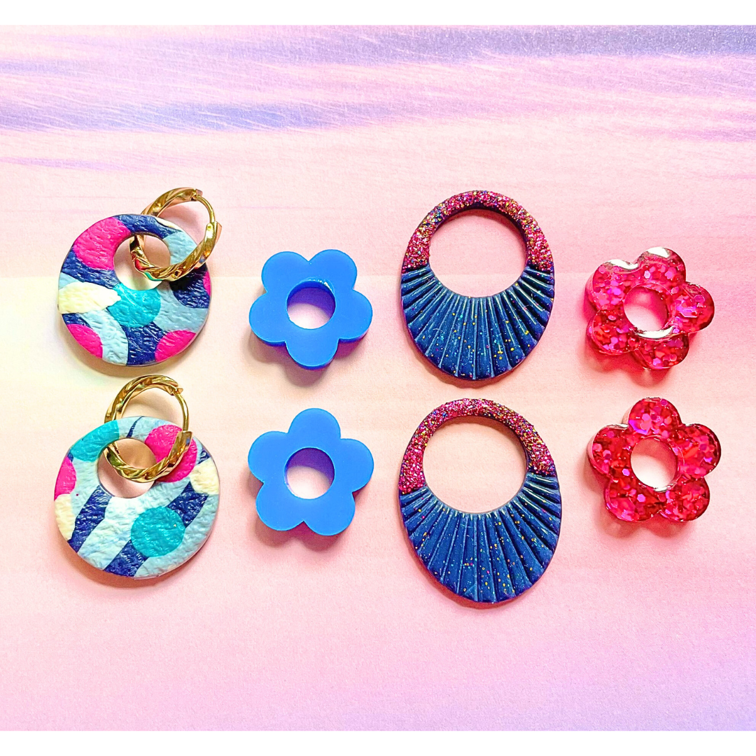 sister box pink lagoon créoles pampilles interchangeables ronde texturée acier inoxydable rond ovale fleur argile polymère fimo résine epoxy paillettes uni bleu marine clair rose fuchsia