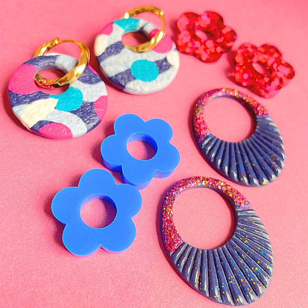 sister box pink lagoon créoles pampilles interchangeables ronde texturée acier inoxydable rond ovale fleur argile polymère fimo résine epoxy paillettes uni bleu marine clair rose fuchsia