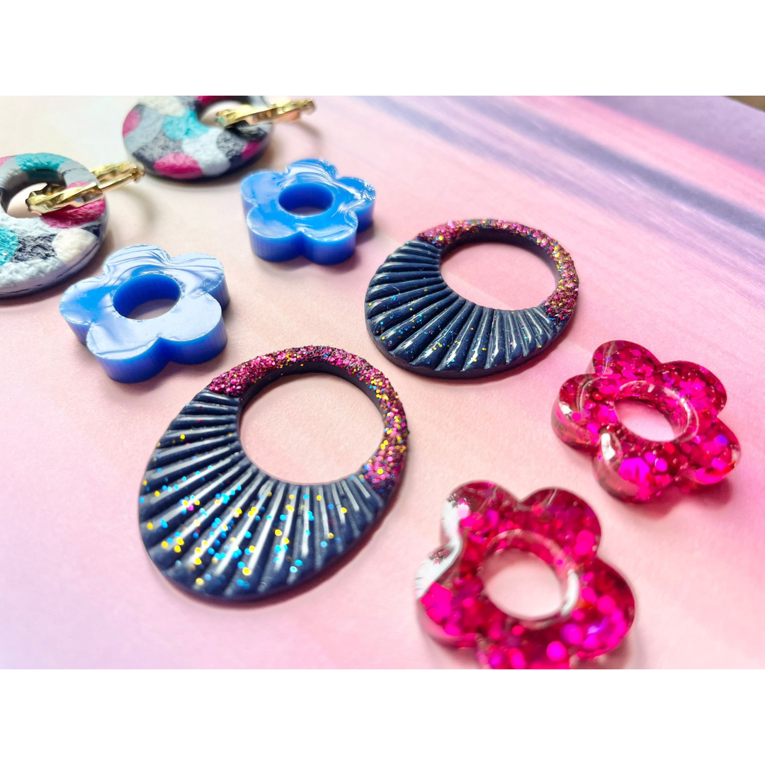 sister box pink lagoon créoles pampilles interchangeables ronde texturée acier inoxydable rond ovale fleur argile polymère fimo résine epoxy paillettes uni bleu marine clair rose fuchsia