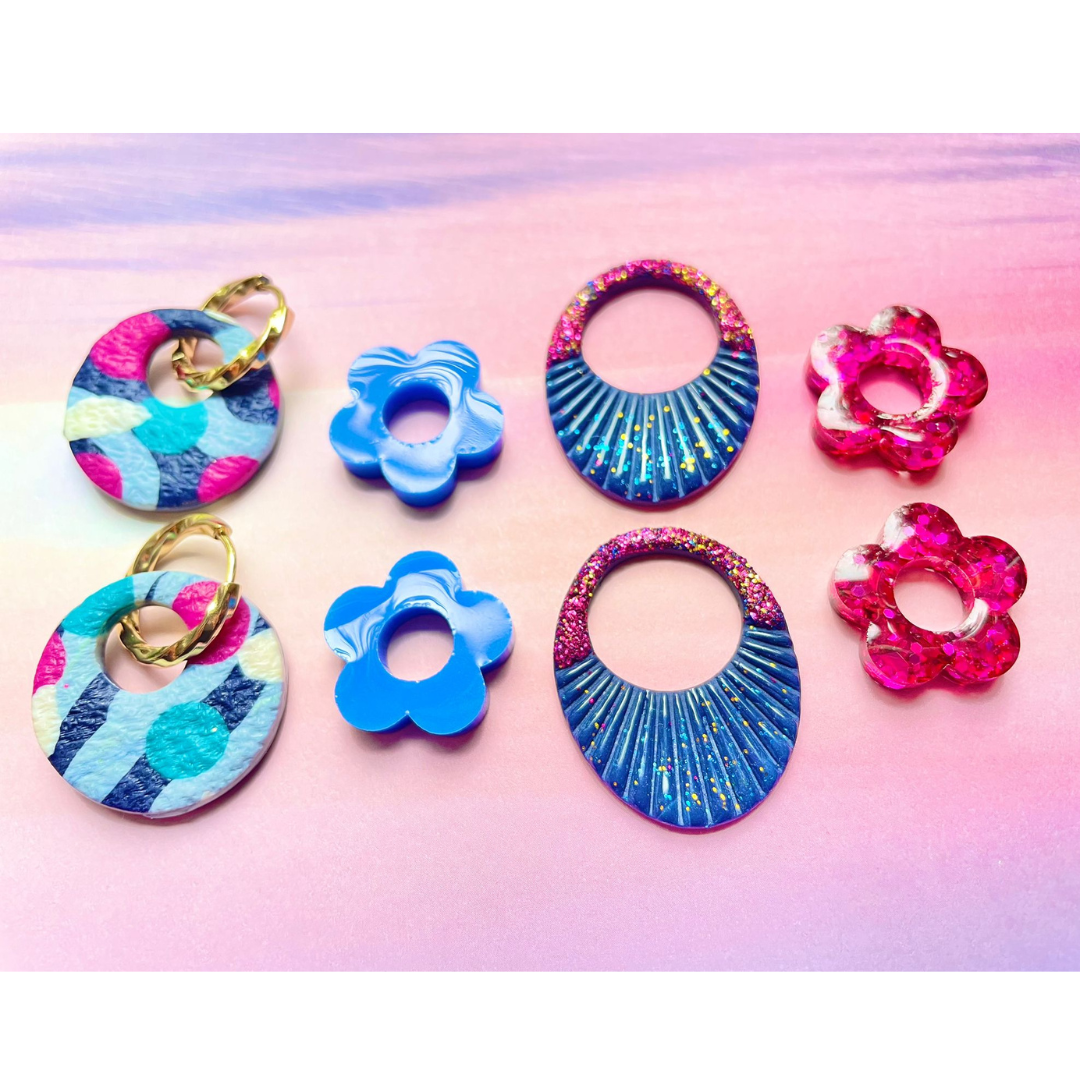 sister box pink lagoon créoles pampilles interchangeables ronde texturée acier inoxydable rond ovale fleur argile polymère fimo résine epoxy paillettes uni bleu marine clair rose fuchsia
