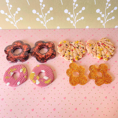 bijoux boucles d'oreilles créoles pampilles charm fleur feuille donut bronze paillettes terrazo beige vieux rose or doré argile polymère fimo résine UV blossom sister box