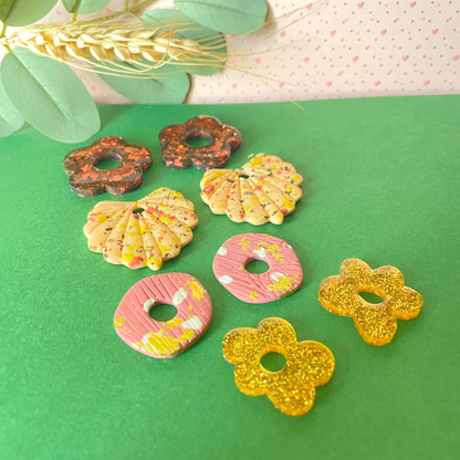 bijoux boucles d'oreilles créoles pampilles charm fleur feuille donut bronze paillettes terrazo beige vieux rose or doré argile polymère fimo résine UV blossom sister box
